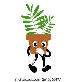 Smiling cartoon plant in pot with arms and legs, isolated plant potted sticker with cute face walking, funny psychedelic floral mascot with green leaf and smile, plant with arms and legs