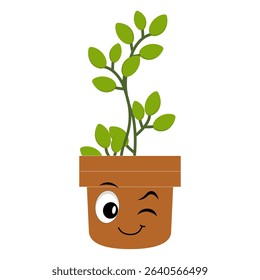 Smiling cartoon plant in pot with arms and legs, isolated plant potted sticker with cute face walking, funny psychedelic floral mascot with green leaf and smile, plant with arms and legs