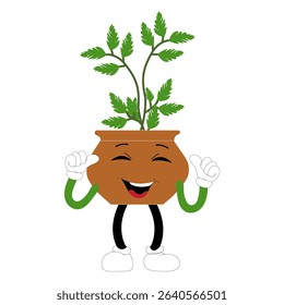 Smiling cartoon plant in pot with arms and legs, isolated plant potted sticker with cute face walking, funny psychedelic floral mascot with green leaf and smile, plant with arms and legs