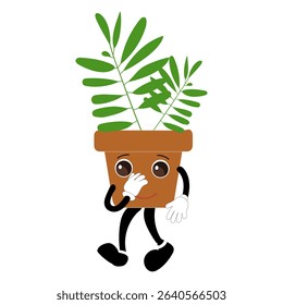 Smiling cartoon plant in pot with arms and legs, isolated plant potted sticker with cute face walking, funny psychedelic floral mascot with green leaf and smile, plant with arms and legs
