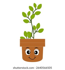 Smiling cartoon plant in pot with arms and legs, isolated plant potted sticker with cute face walking, funny psychedelic floral mascot with green leaf and smile, plant with arms and legs