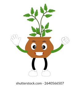 Smiling cartoon plant in pot with arms and legs, isolated plant potted sticker with cute face walking, funny psychedelic floral mascot with green leaf and smile, plant with arms and legs