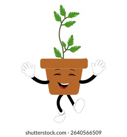 Smiling cartoon plant in pot with arms and legs, isolated plant potted sticker with cute face walking, funny psychedelic floral mascot with green leaf and smile, plant with arms and legs