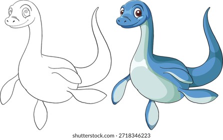 Lächelnde Cartoon plesiosaurus Vektorgrafik mit schwarz-weißem Umriss für Färbung Aktivitäten.