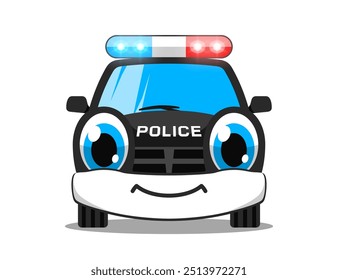 Smiling cartoon police car with flashing light. Vector illustration