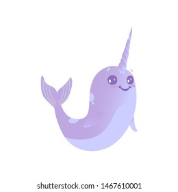 Smiling cartoon purple and blue narwhal. Cute sea unicorn with gradient, cartoon animal. Isolated vector illustration of narwhals on white background.