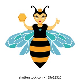 Smiling, cartoon queen honey bees in the crown. Keeps honeycomb and showing sign Okay. For a logo, trade mark, design. Vector isolated on background. 