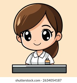A smiling cartoon receptionist with large eyes, brown hair, and a white uniform sits at a desk with a pen holder.