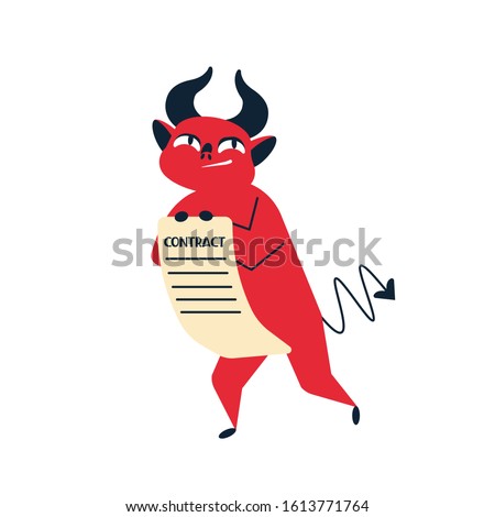 Smiling cartoon red devil contract vector flat illustration. Horned monster character offering treaty agreement isolated on white background. Deceitful business deal concept, selling soul to demon.