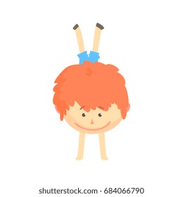 Smiling cartoon redhead boy standing upside down on his hands, kids activity colorful character vector Illustration