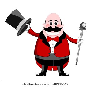 Smiling cartoon ringmaster in tuxedo holding hat and stick isolated 