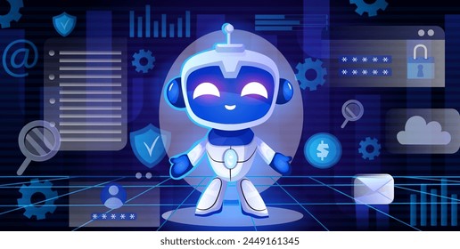 A smiling cartoon robot in a digital environment with cybersecurity and technology symbols, vector illustration on a dark, blue background, concept of digital security. Vector illustration