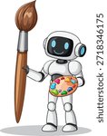 Smiling cartoon robot holds oversized paintbrush and colorful palette in clean white background vector