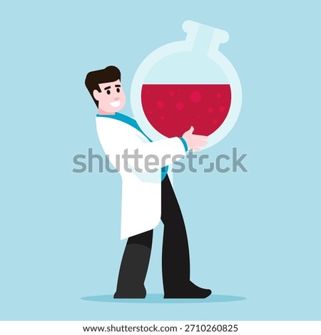 Smiling Cartoon Scientist Carrying a Flask with Red Liquid: Vector Illustration of a Happy Chemist. Concepts: Science, Research, Lab Experiment, Discovery