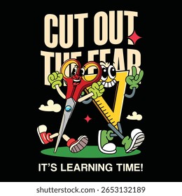 Smiling cartoon scissors and triangle ruler walking together in comic retro illustration