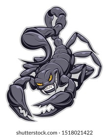 Smiling cartoon scorpion with yellow eyes.