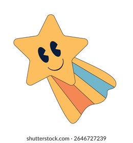 Smiling cartoon shooting star with colorful orange, yellow, and blue trail on white background illustration