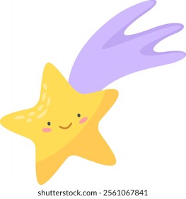 Smiling cartoon shooting star is flying across the sky leaving a purple trail, perfect for children book illustrations or any other project related to astronomy and space