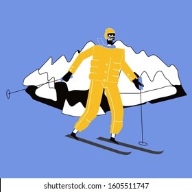 Smiling cartoon skier in motion isolated on white background. Mountain skiing sportsman character with goggles and ski suit. Young man on skis vector illustration.