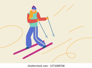Smiling cartoon skier in motion, winter mountain sports activity. 
Young man wearing ski outfit enjoys mountain tracks. Modern flat vector concept illustration.