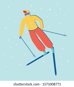 Smiling cartoon skier in motion, winter mountain sports activity. 
Young man in ski outfit practicing winter sports in the snow. Modern flat vector concept illustration.
