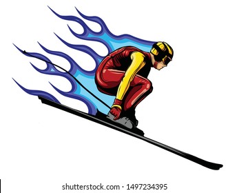 Smiling cartoon skier. Mountain skiing sportsman character with goggles and ski suit. Young man on skis vector illustration.