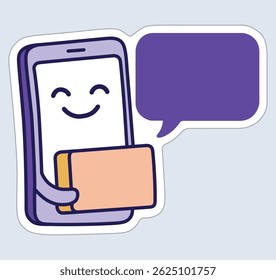Smiling cartoon smartphone making a payment with a credit card – cute mobile banking and contactless transaction illustration.