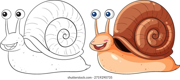 Caracol sonriente de la historieta mostrado a todo color y contorno blanco y negro, aislado en el fondo blanco