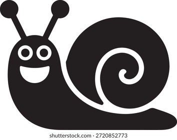 Caracol de desenho animado com uma concha em espiral e duas antenas é retratado em uma ilustração simples em preto e branco sobre um fundo branco.