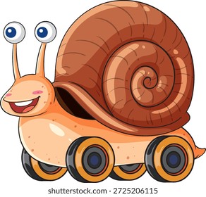 Caracol sonriente de la historieta con la cáscara espiral, ojos Grandes, y cuatro ruedas, estilo brillante del Vector
