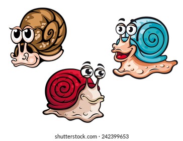 Smiling cartoon snails with colorful shells and funny eyeballs, vector illustration