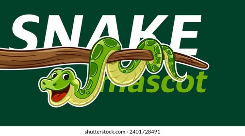 Smiling cartoon snake mascot on tree branch