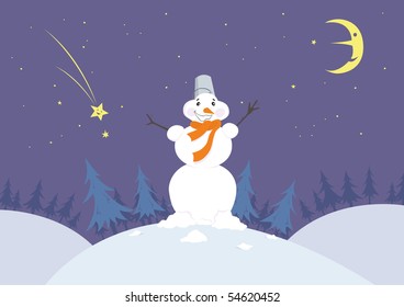 Smiling cartoon snowman in the night forest with moon and stars.