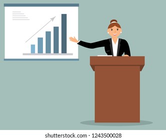 Smiling cartoon speaker-woman stands behind the brown wooden lectern and carries out the report, makes analysis of the chart of growth. Blue background. Vector illustration