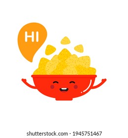 Smiling cartoon style nacho chips, tortilla chips red bowl character with speech bubble saying hi, hello.
