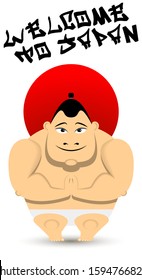 smiling cartoon sumo wrestler on the background of the flag of Japan and a greeting lettering. flat design character. vector
