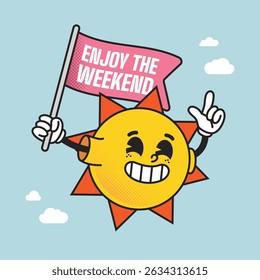 A smiling cartoon sun character holding a pink flag that says “Enjoy the Weekend,” with a blue sky and cloud background.