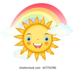 smiling cartoon sun character with rainbow and clouds on white. vector illustration