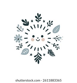 Smiling Cartoon Sun with Floral and Leaf Border in Soft Colors for Kids Room Wall Art Illustration