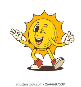 Smiling cartoon sun mascot dancing with joy, winking and making an OK hand sign in cheerful vintage animation style. Suitable for social media, design, branding and summer content. Vector illustration