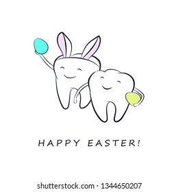 Smiling cartoon teeth with colorful Easter eggs and in a costume with bunny ears. Vector easter illustration for dentistry.