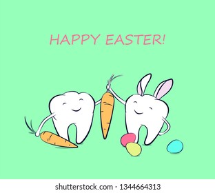 Smiling cartoon teeth with colorful Easter eggs, carrot and in a costume with bunny ears. Festive greeting with Easter holidays in dentistry.