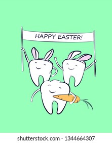 Smiling cartoon teeth in a costume with bunny ears and with a banner in their hands. Festive characters for greeting with Easter holidays in dentistry.