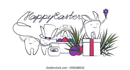 Smiling cartoon teeth in costume with bunny ears. Basket with a bow and painted eggs, grass, and a gift. Happy Easter greetings with dental floss. Graphic illustration of Easter holiday in dentistry.