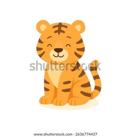 Smiling cartoon tiger cub in sitting pose, tiger orange with stripes and closed eyes, perfect for jungle stories, wildlife books for kids, or animal alphabet visuals.