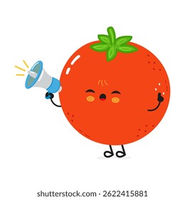 A smiling cartoon Tomato with a megaphone making an announcement with expressive eyes on white.