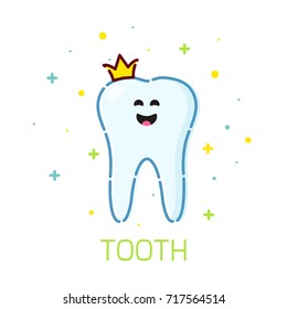 Smiling cartoon tooth character with a crown on white background. Oral dental hygiene. Teeth whitening and restoration. Dental health symbol. Human body medical concept. Vector illustration.