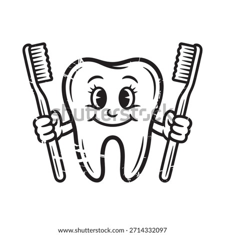 A smiling cartoon tooth cheerfully holding two toothbrushes in its hands