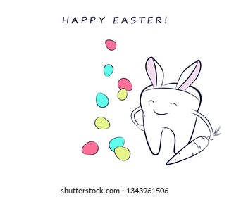 Smiling cartoon tooth with colorful Easter eggs and in a costume with bunny ears. Vector easter illustration for dentistry.