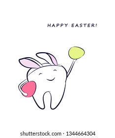 Smiling cartoon tooth with colorful Easter eggs and in a costume with bunny ears. Festive greeting with Easter holidays in dentistry.